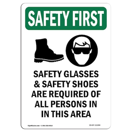 OSHA SAFETY FIRST Sign, Safety Glasses And Safety W/ Symbol, 5in X 3.5in Decal, 10PK